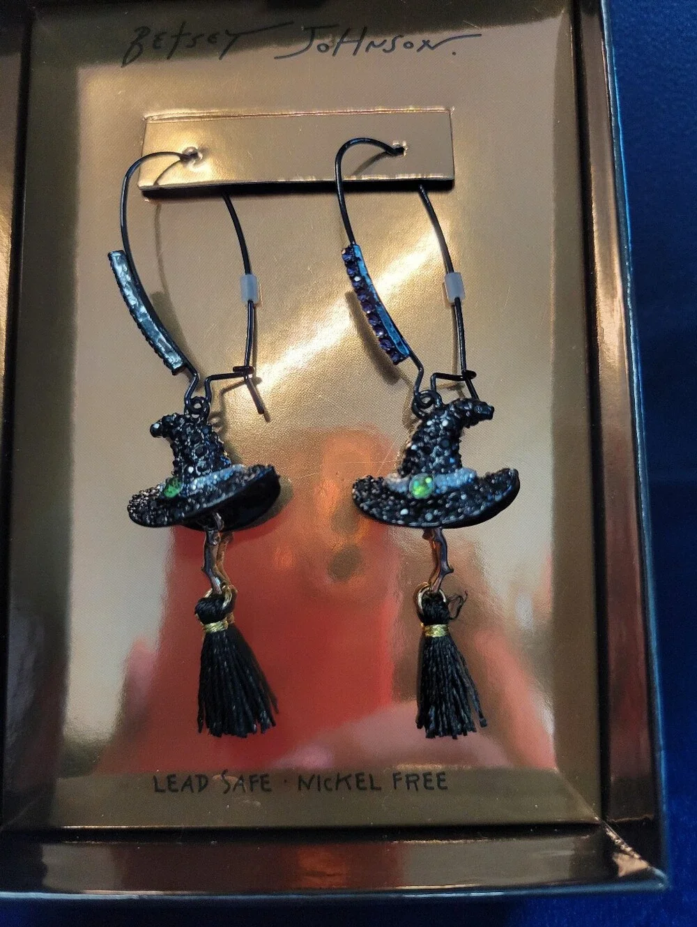 Betsey Johnson Black and Green Witch Hat Tassel Earrings